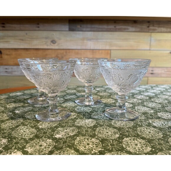 4 Duncan Miller Sandwich Clear Ice Cream Dishes Set Vintage Scroll Etch MCM Lot - Picture 1 of 5